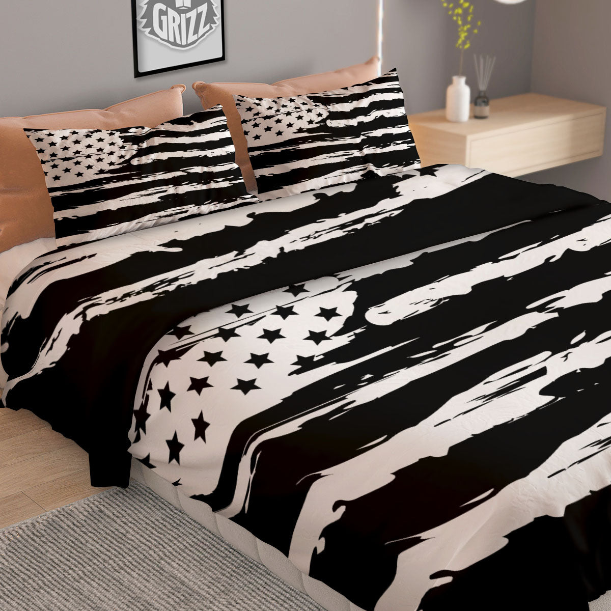 White And Black USA Flag Print Duvet Cover Bedding Set