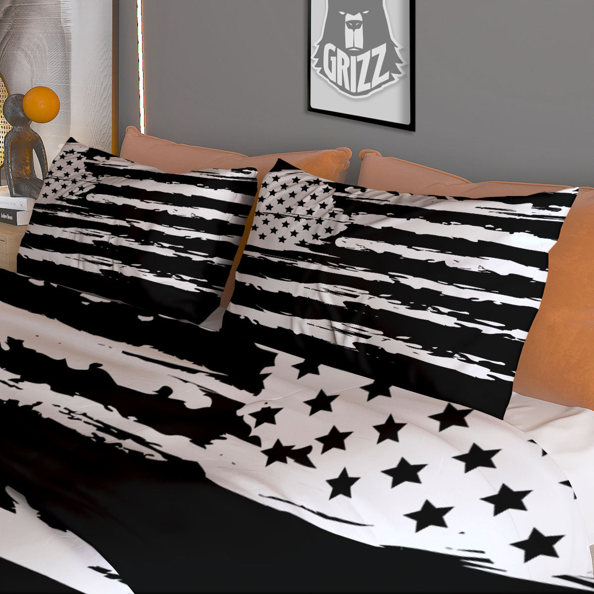 White And Black USA Flag Print Duvet Cover Bedding Set