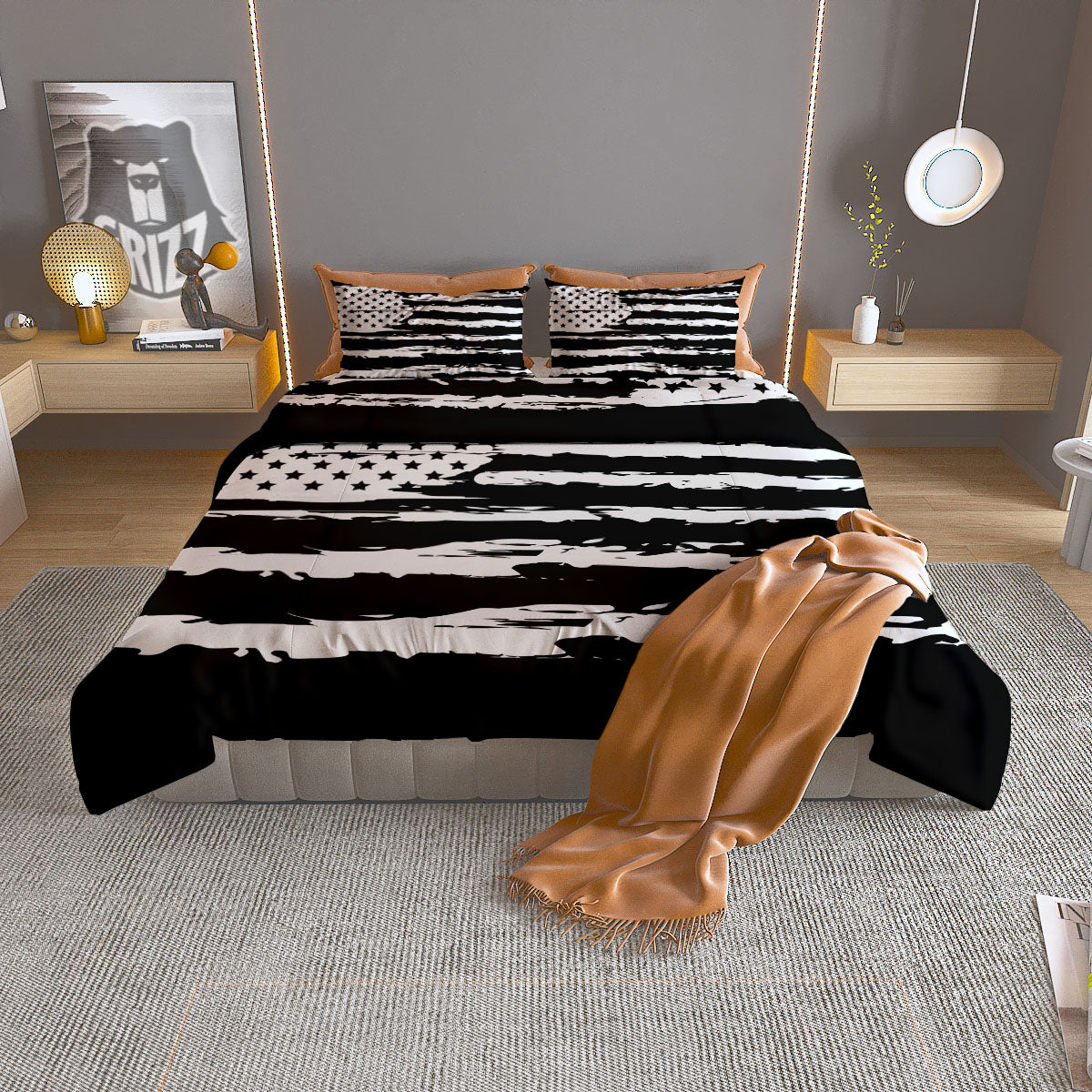 White And Black USA Flag Print Duvet Cover Bedding Set