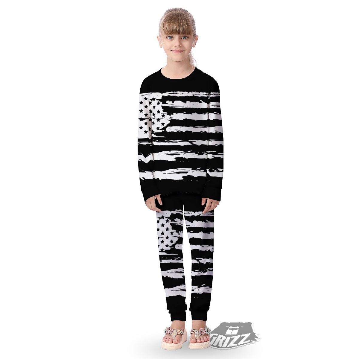 White And Black USA Flag Print Kid's Pajamas-grizzshop