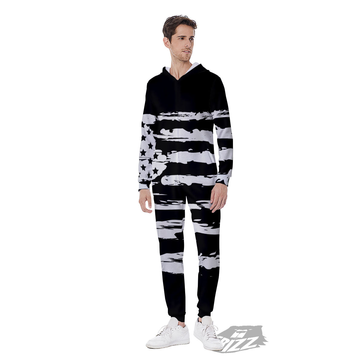 White And Black USA Flag Print Men's Jumpsuit-grizzshop