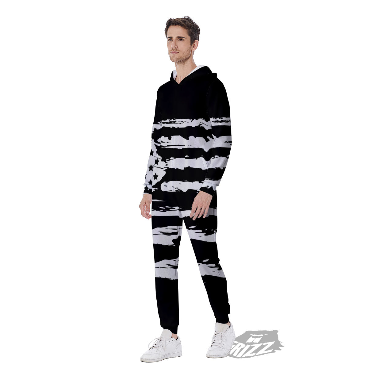 White And Black USA Flag Print Men's Jumpsuit-grizzshop