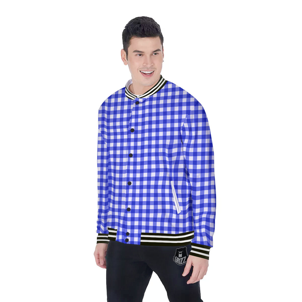 White And Blue Check Print Pattern Baseball Jacket-grizzshop