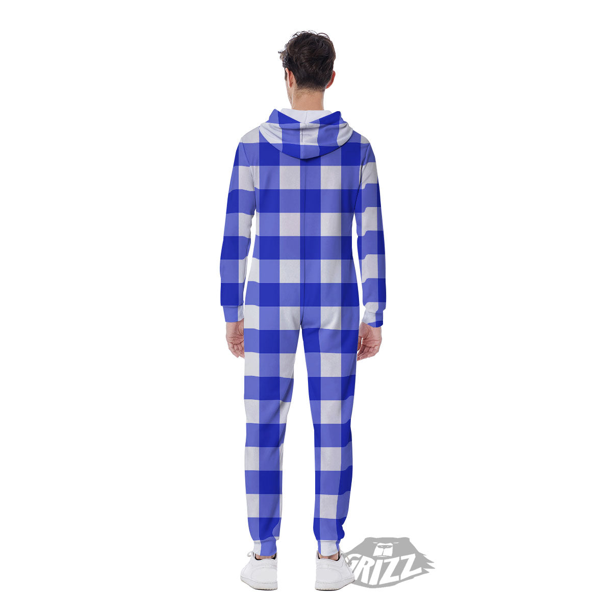 White And Blue Check Print Pattern Men's Jumpsuit-grizzshop