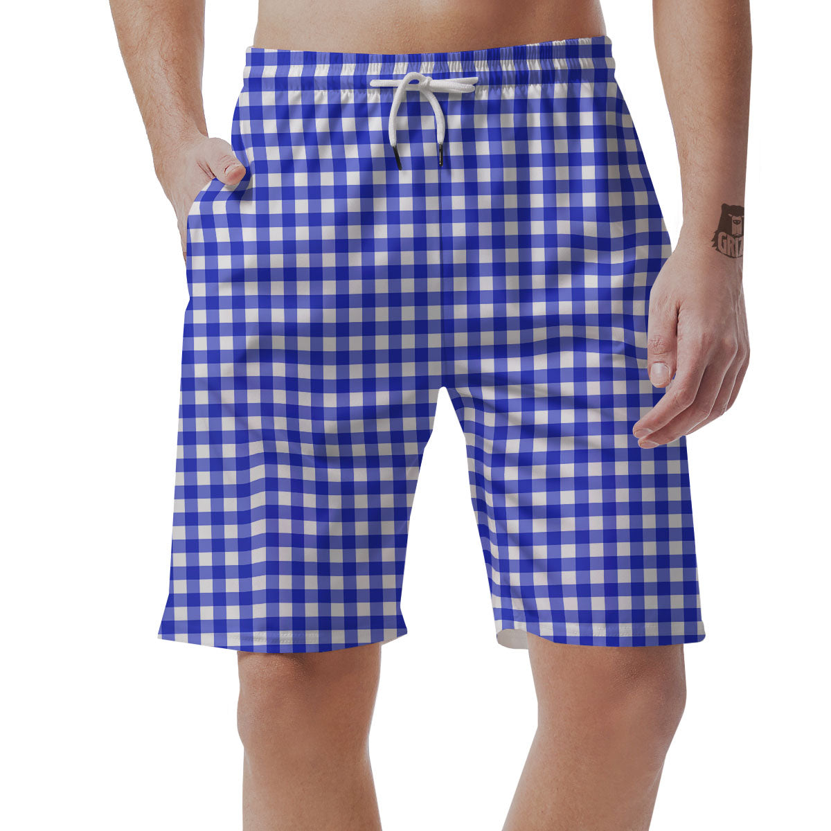 White And Blue Check Print Pattern Men's Shorts-grizzshop