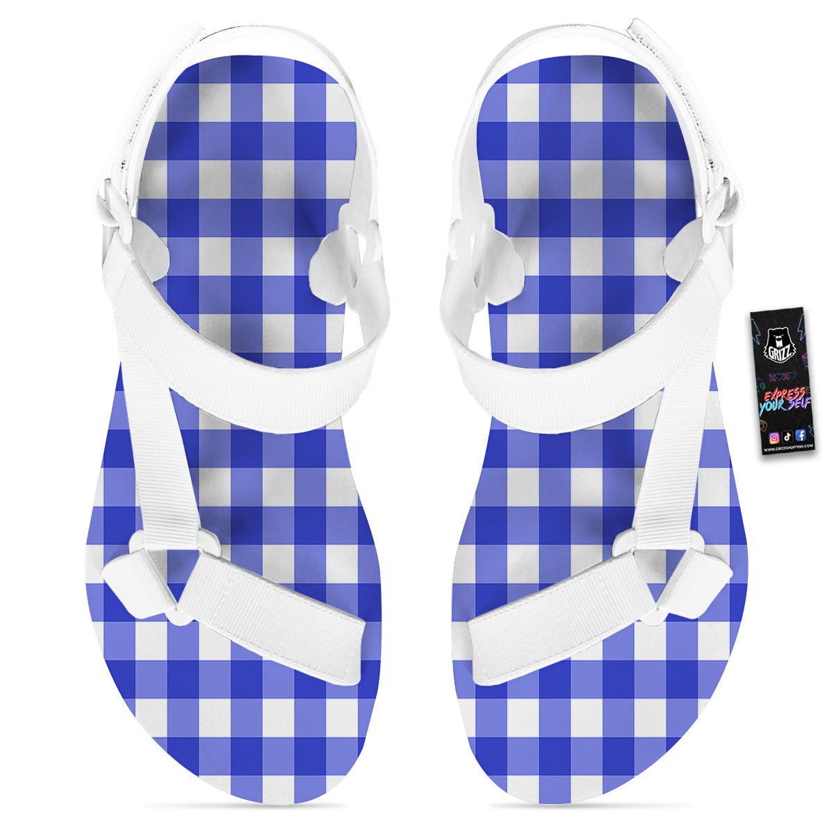 White And Blue Check Print Pattern White Open Toe Sandals-grizzshop