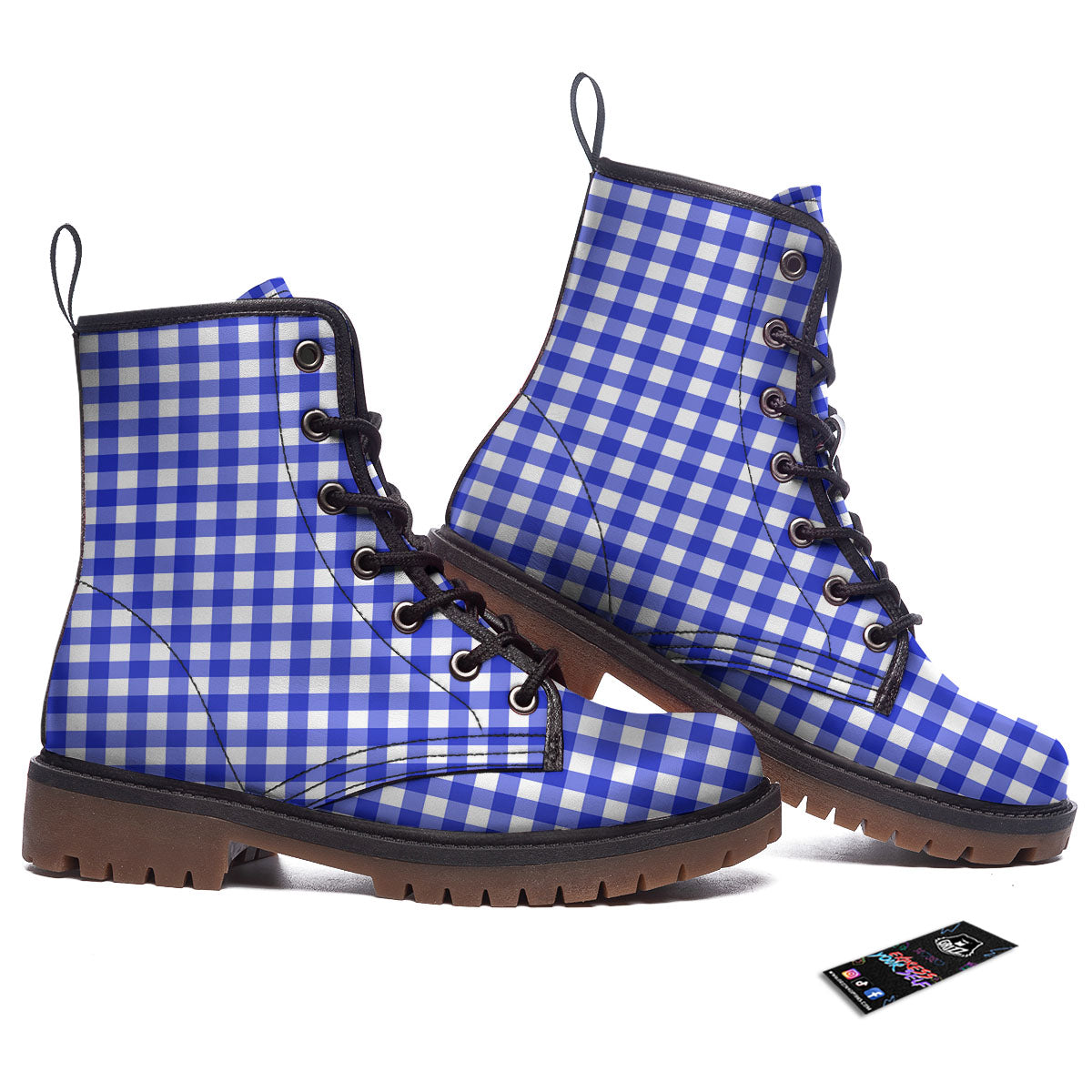 White And Blue Check Print Pattern Work Boots-grizzshop