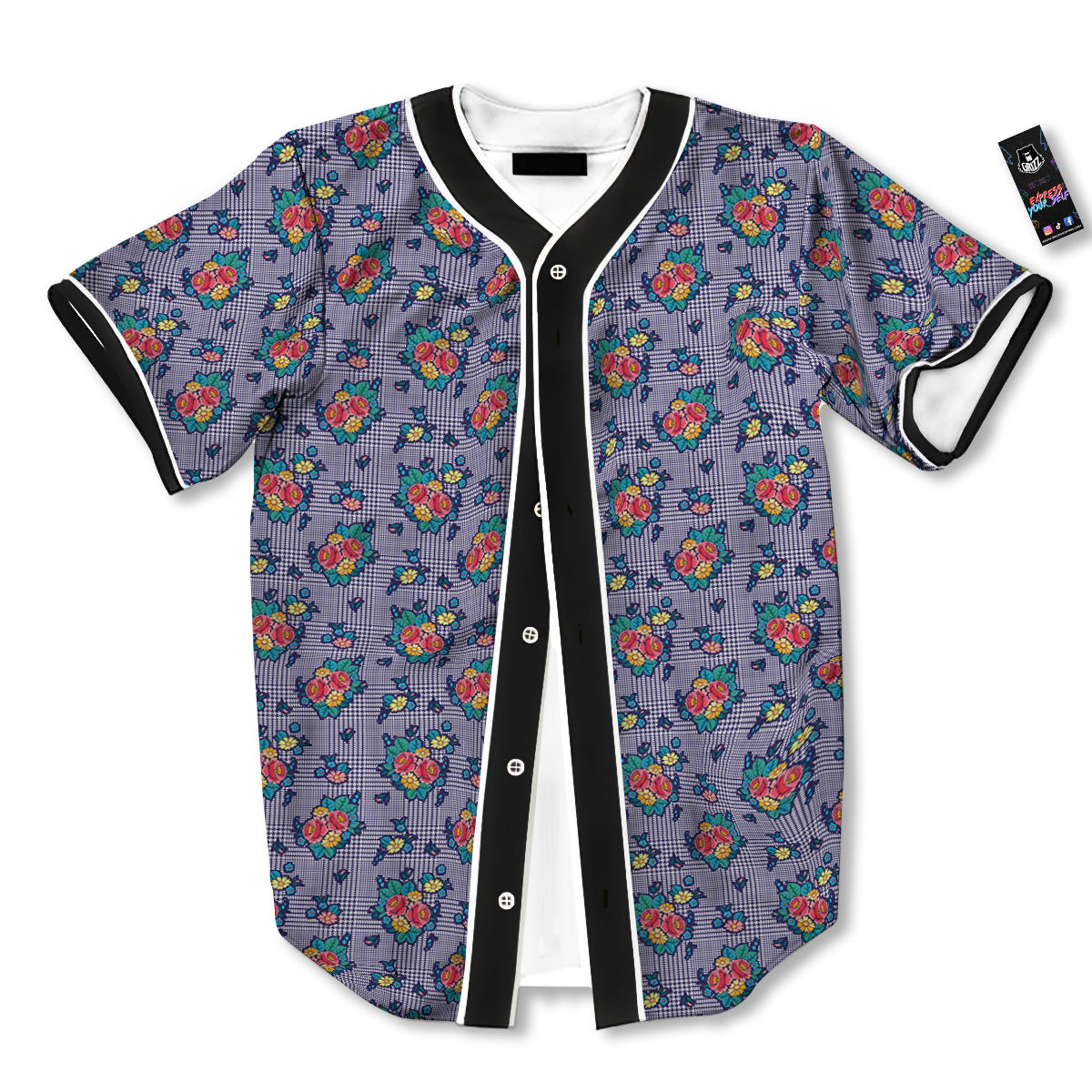 White And Blue Floral Glen Plaid Print Baseball Jersey-grizzshop