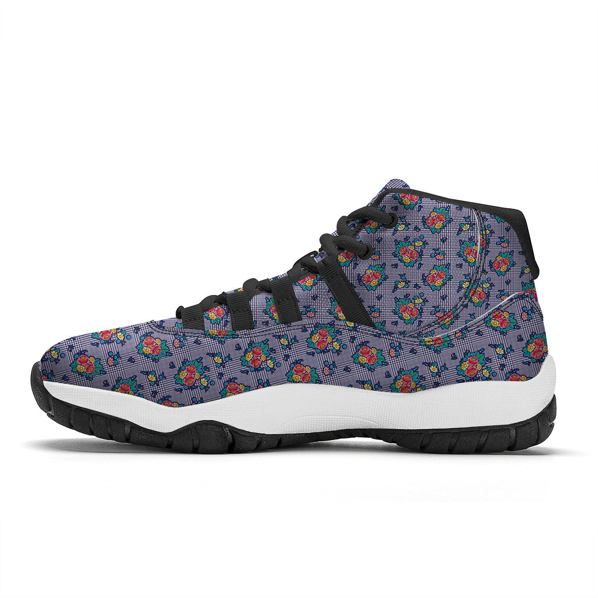 White And Blue Floral Glen Plaid Print Black Bball Shoes-grizzshop