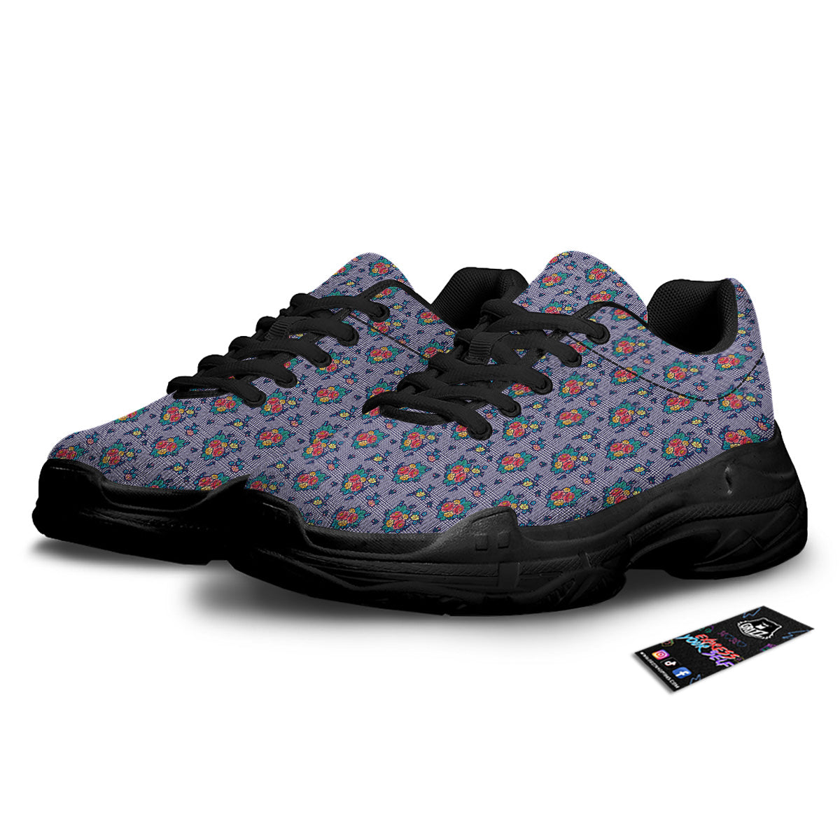 White And Blue Floral Glen Plaid Print Black Chunky Shoes-grizzshop