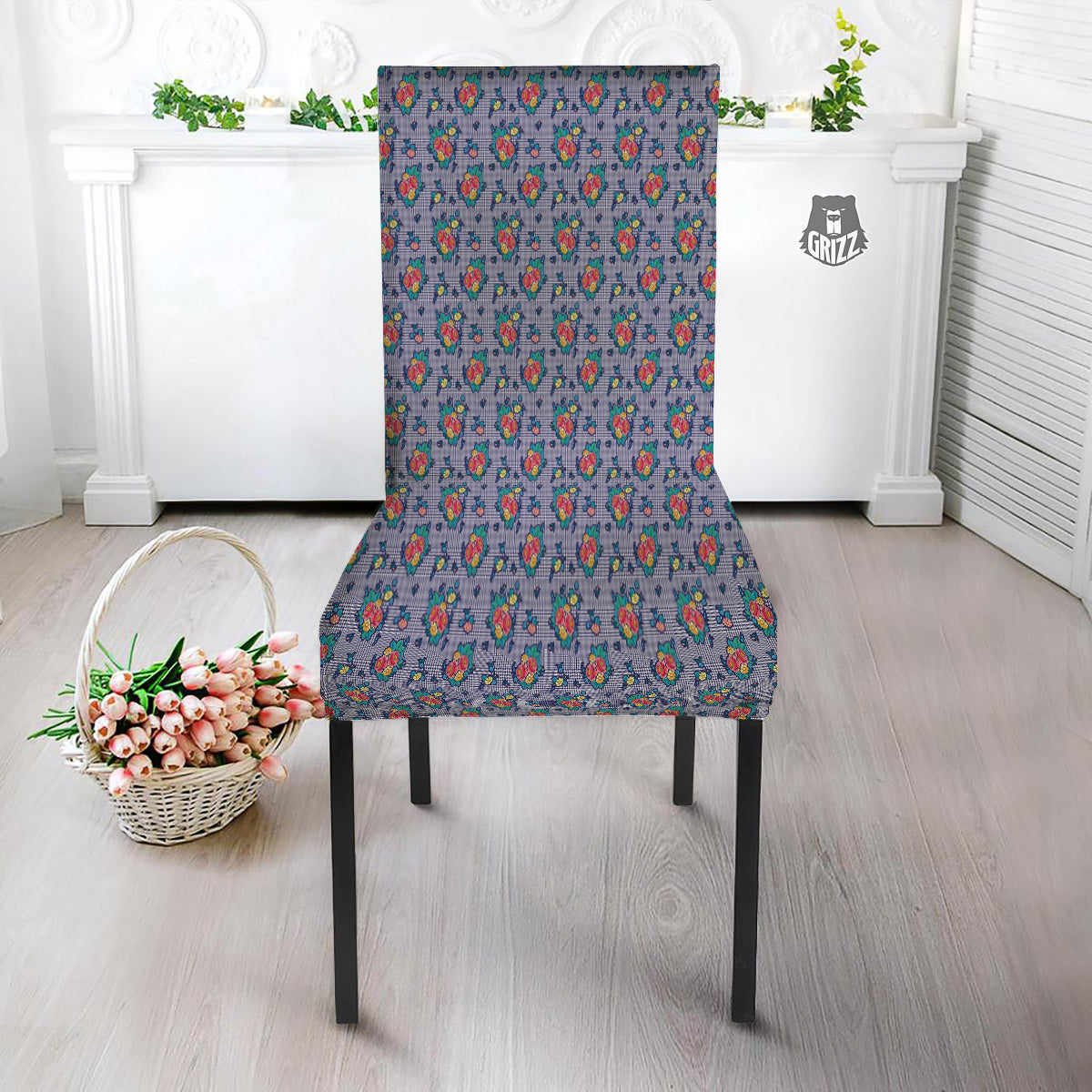 White And Blue Floral Glen Plaid Print Dining Chair Slipcover-grizzshop