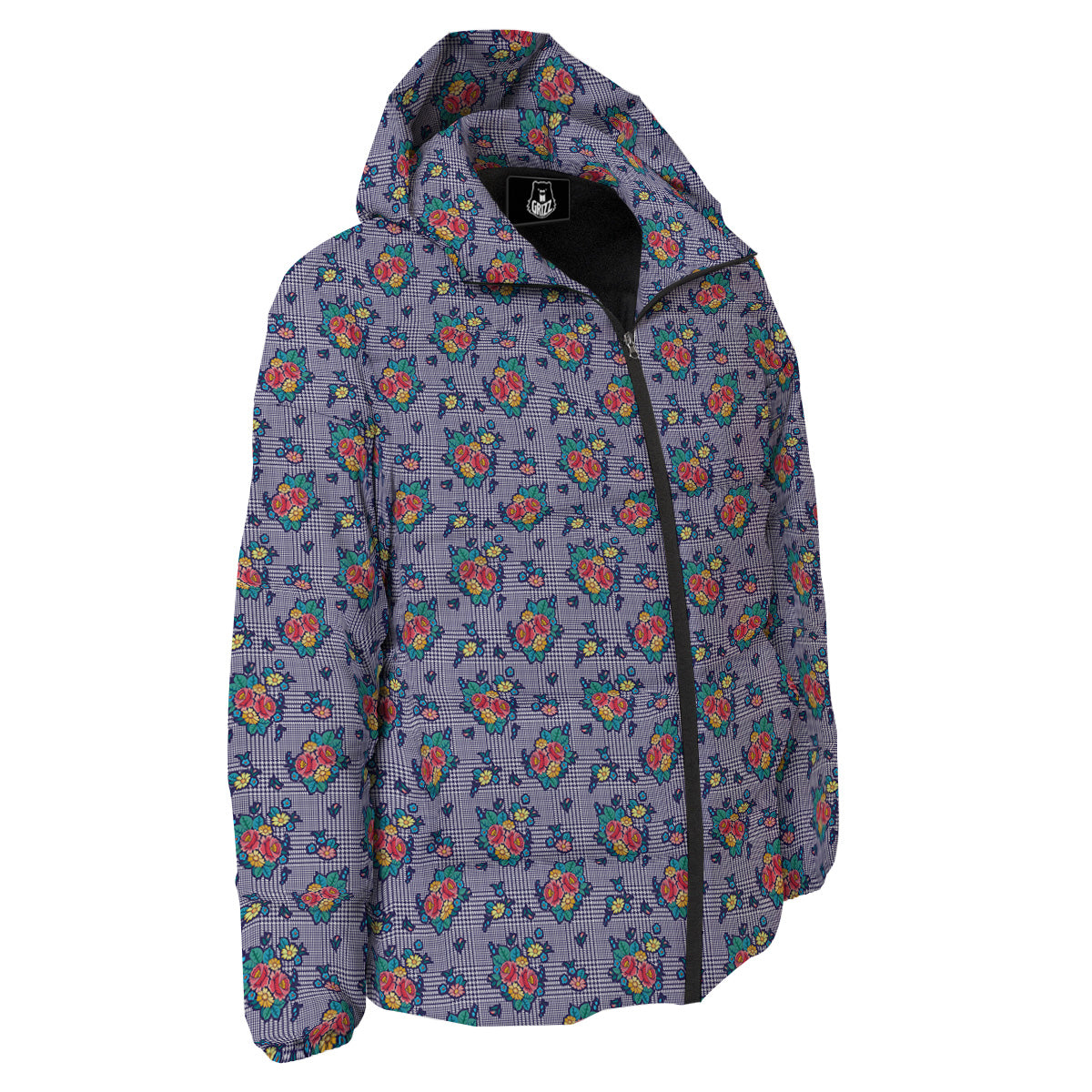 White And Blue Floral Glen Plaid Print Down Jacket-grizzshop