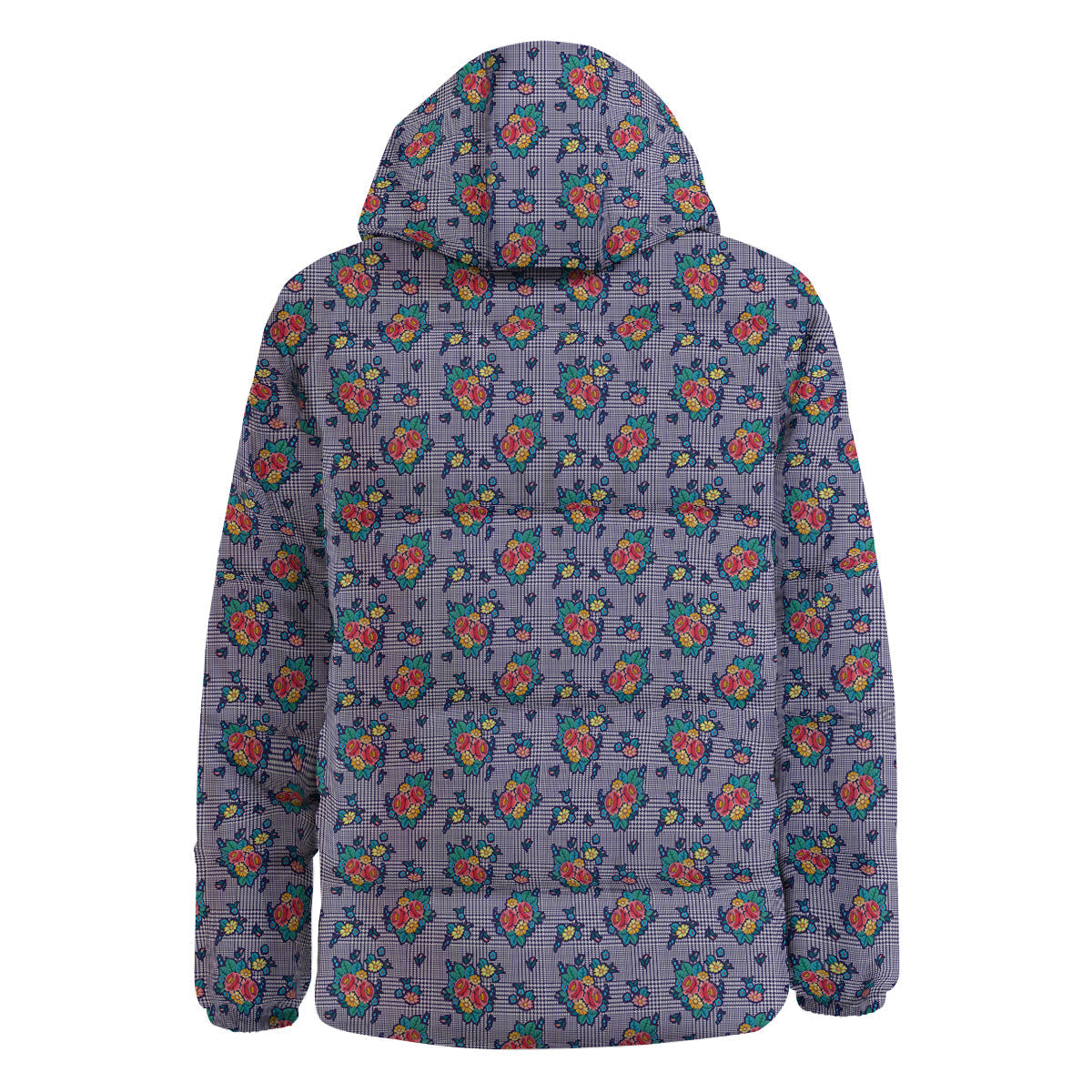 White And Blue Floral Glen Plaid Print Down Jacket-grizzshop