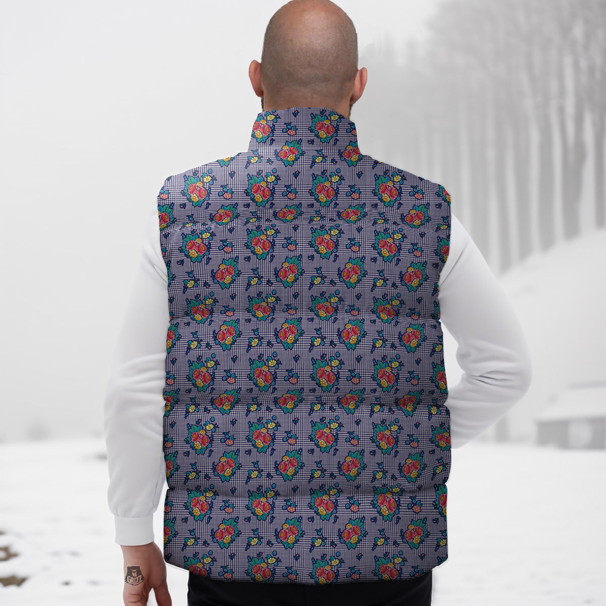 White And Blue Floral Glen Plaid Print Down Vest
