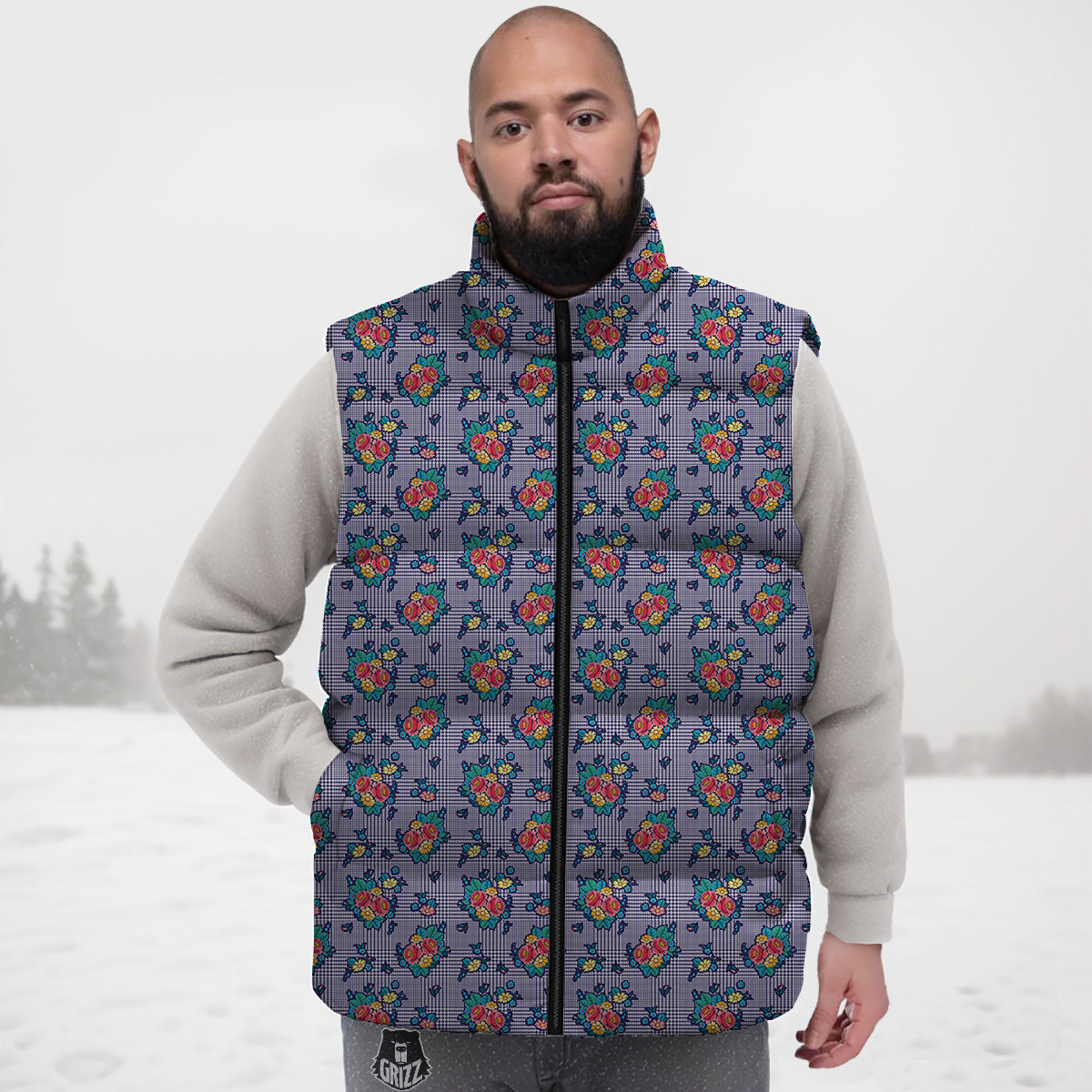 White And Blue Floral Glen Plaid Print Down Vest