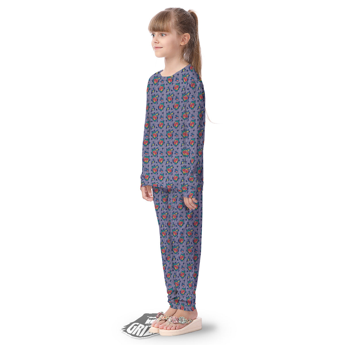 White And Blue Floral Glen Plaid Print Kid's Pajamas-grizzshop