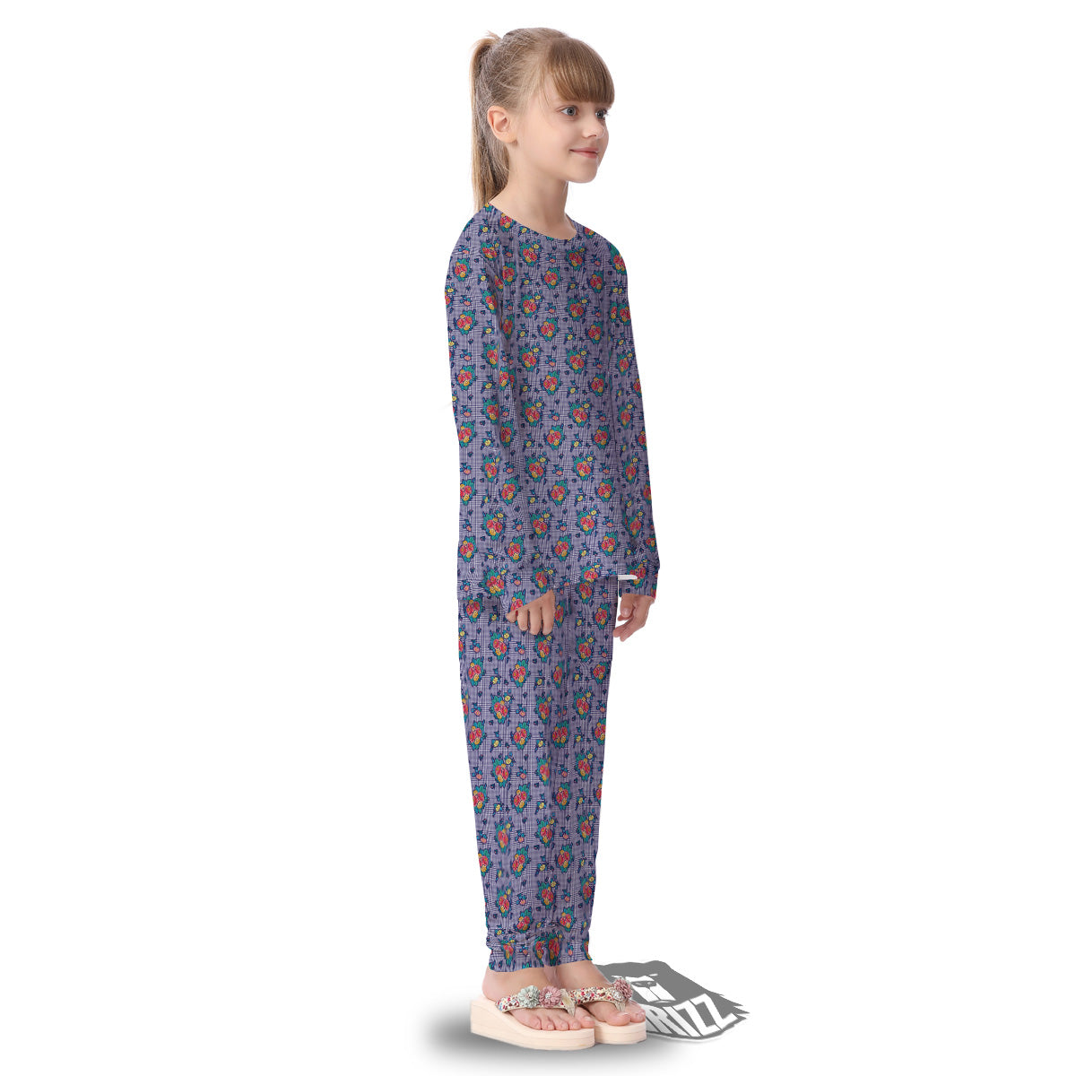 White And Blue Floral Glen Plaid Print Kid's Pajamas-grizzshop