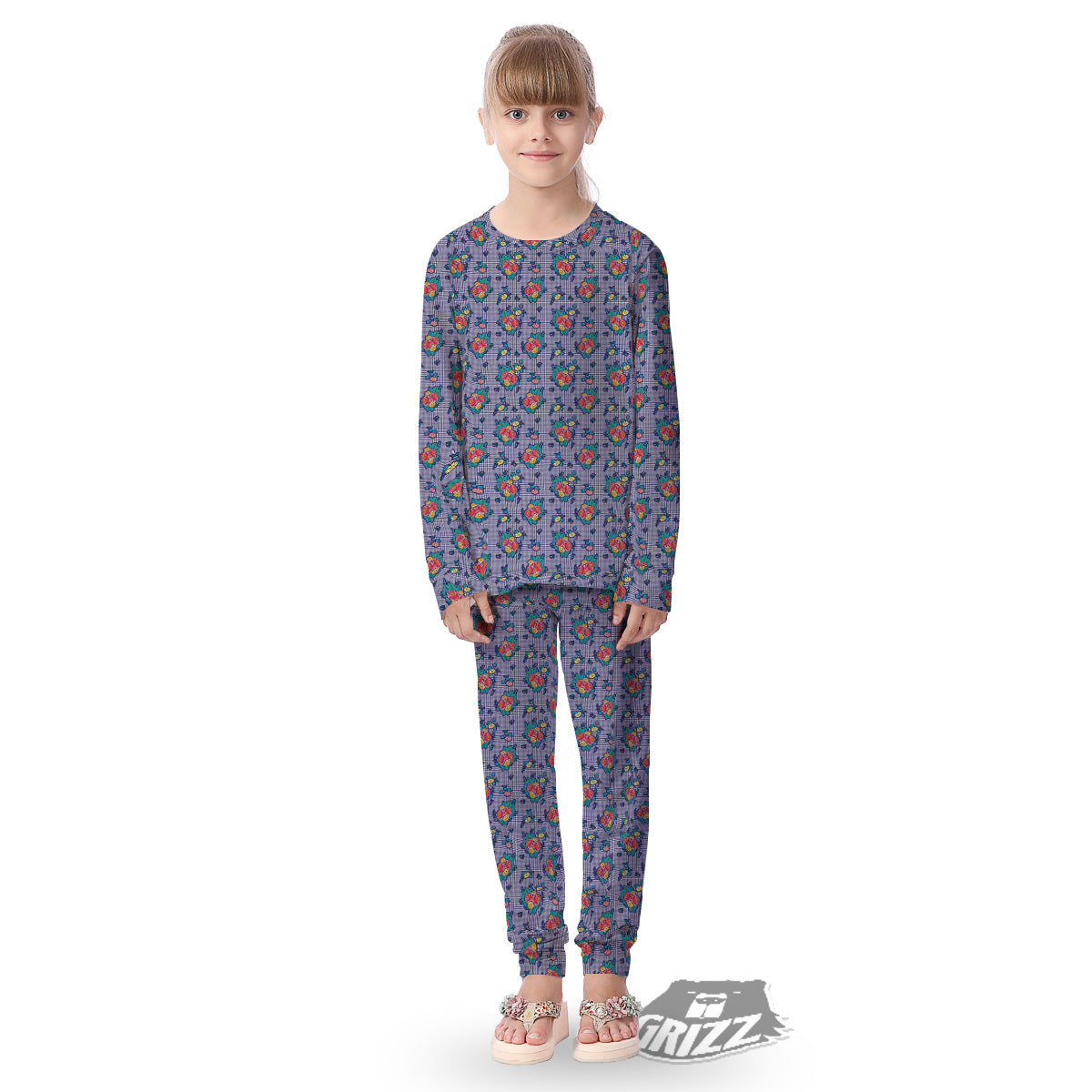 White And Blue Floral Glen Plaid Print Kid's Pajamas-grizzshop