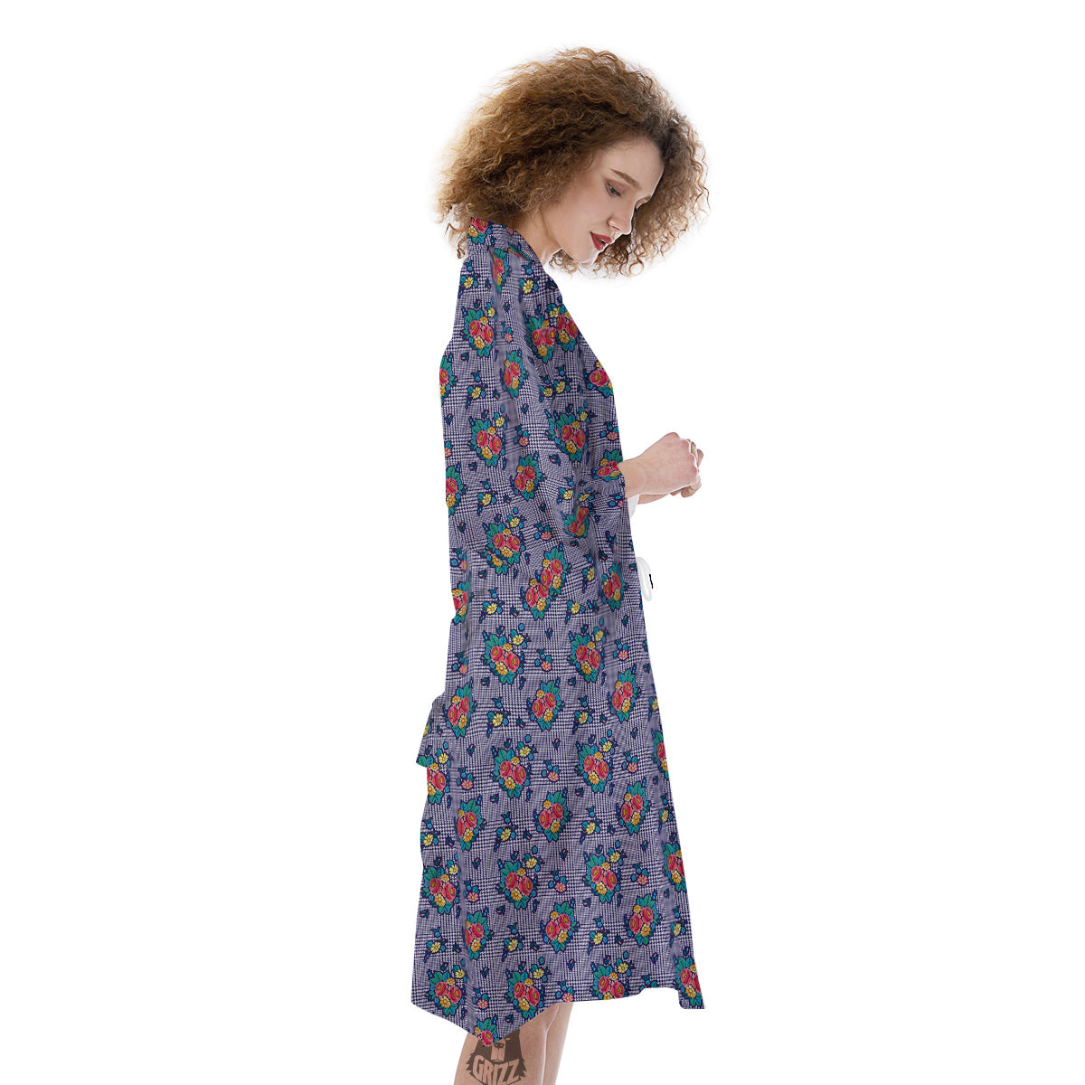White And Blue Floral Glen Plaid Print Kimono-grizzshop