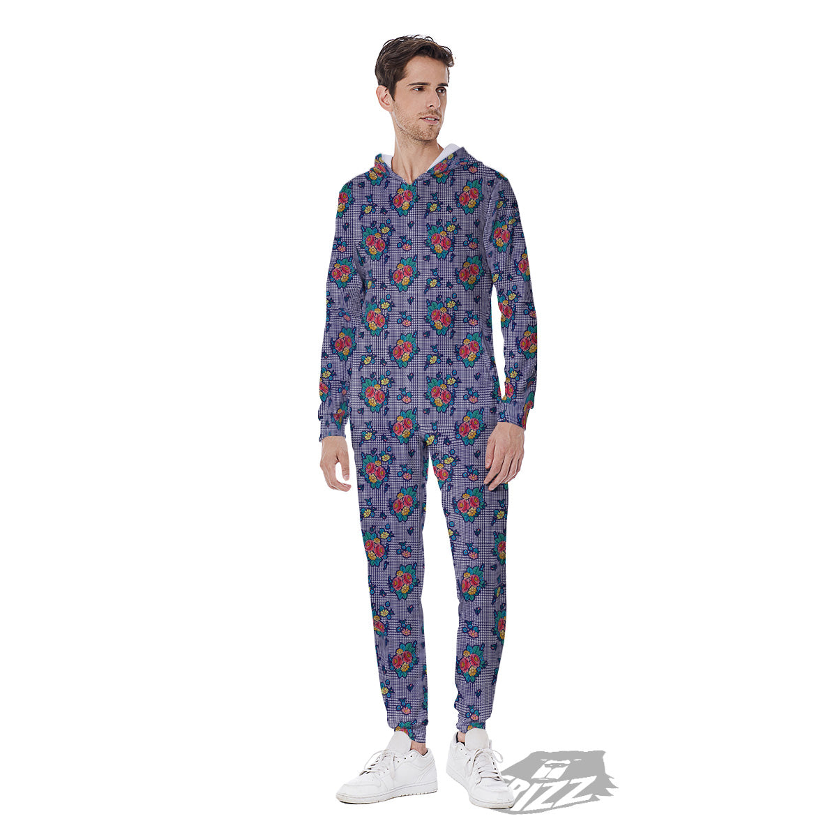 White And Blue Floral Glen Plaid Print Men's Jumpsuit-grizzshop