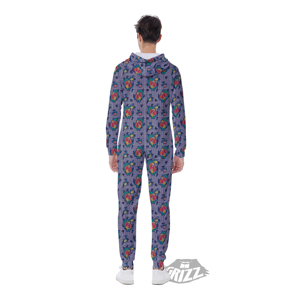 White And Blue Floral Glen Plaid Print Men's Jumpsuit-grizzshop