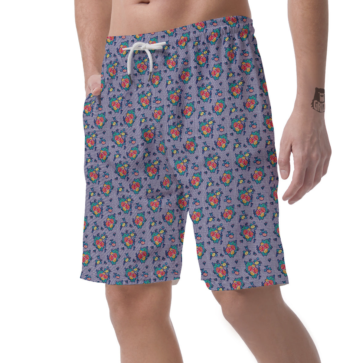 White And Blue Floral Glen Plaid Print Men's Shorts-grizzshop