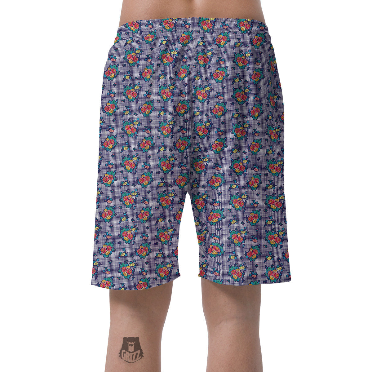 White And Blue Floral Glen Plaid Print Men's Shorts-grizzshop