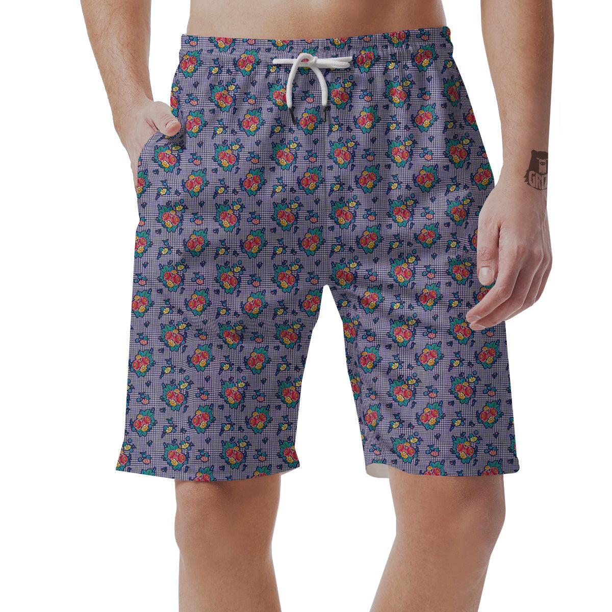 White And Blue Floral Glen Plaid Print Men's Shorts-grizzshop