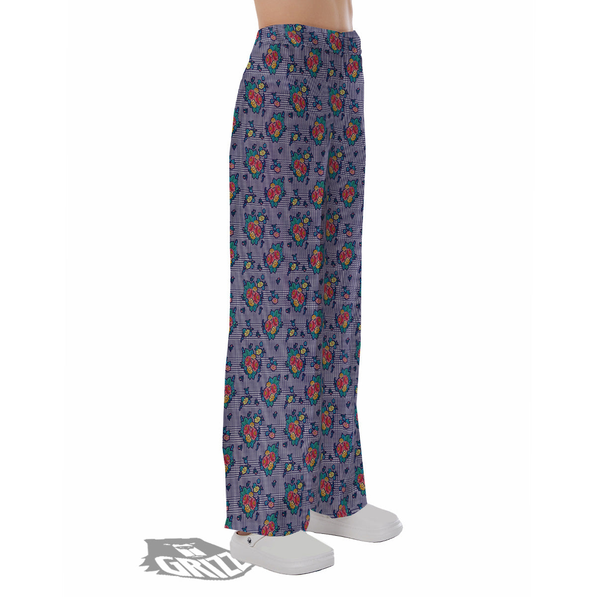 White And Blue Floral Glen Plaid Print Pajama Pants-grizzshop