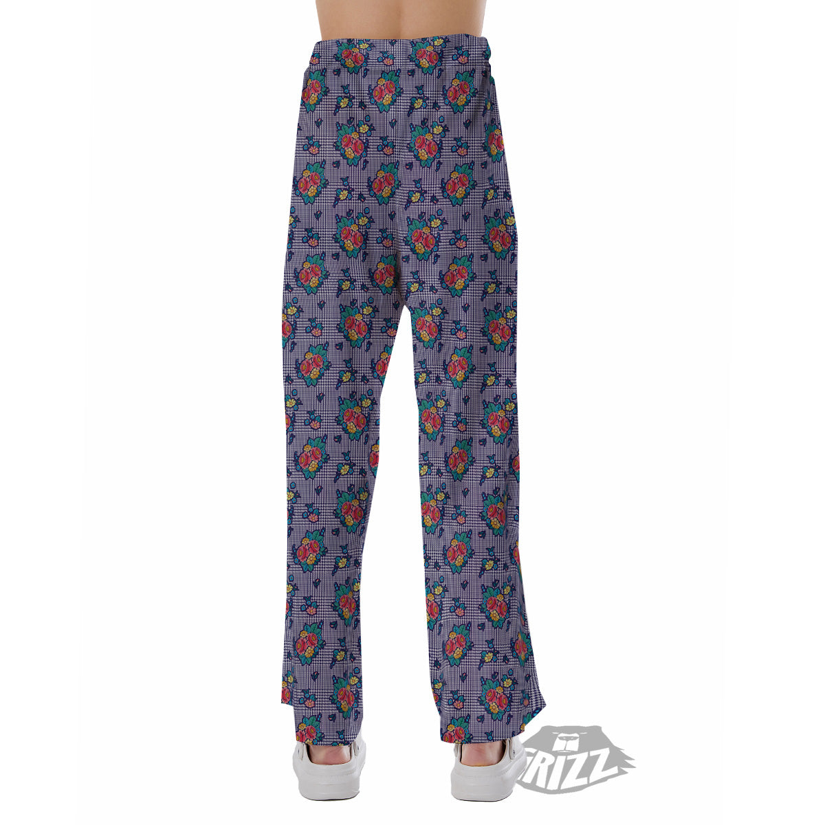 White And Blue Floral Glen Plaid Print Pajama Pants-grizzshop