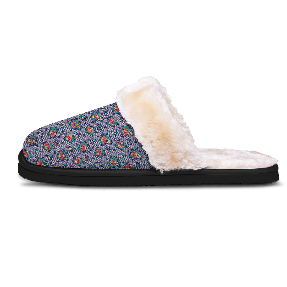 White And Blue Floral Glen Plaid Print Slippers-grizzshop