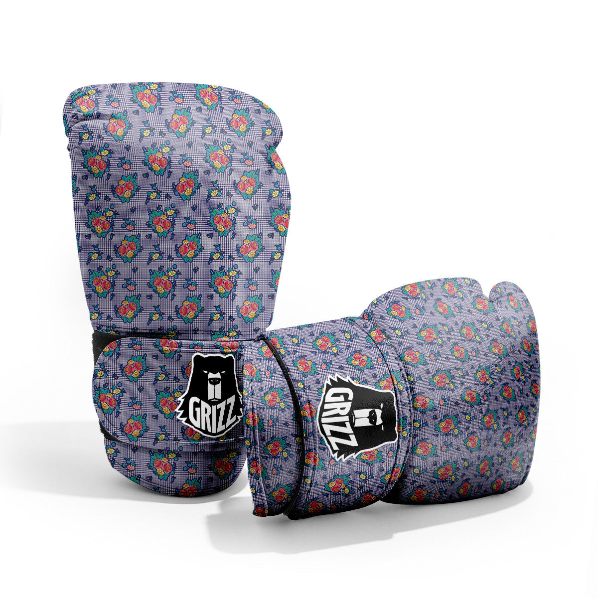White And Blue Floral Glen Plaid Print Pro Boxing Glove