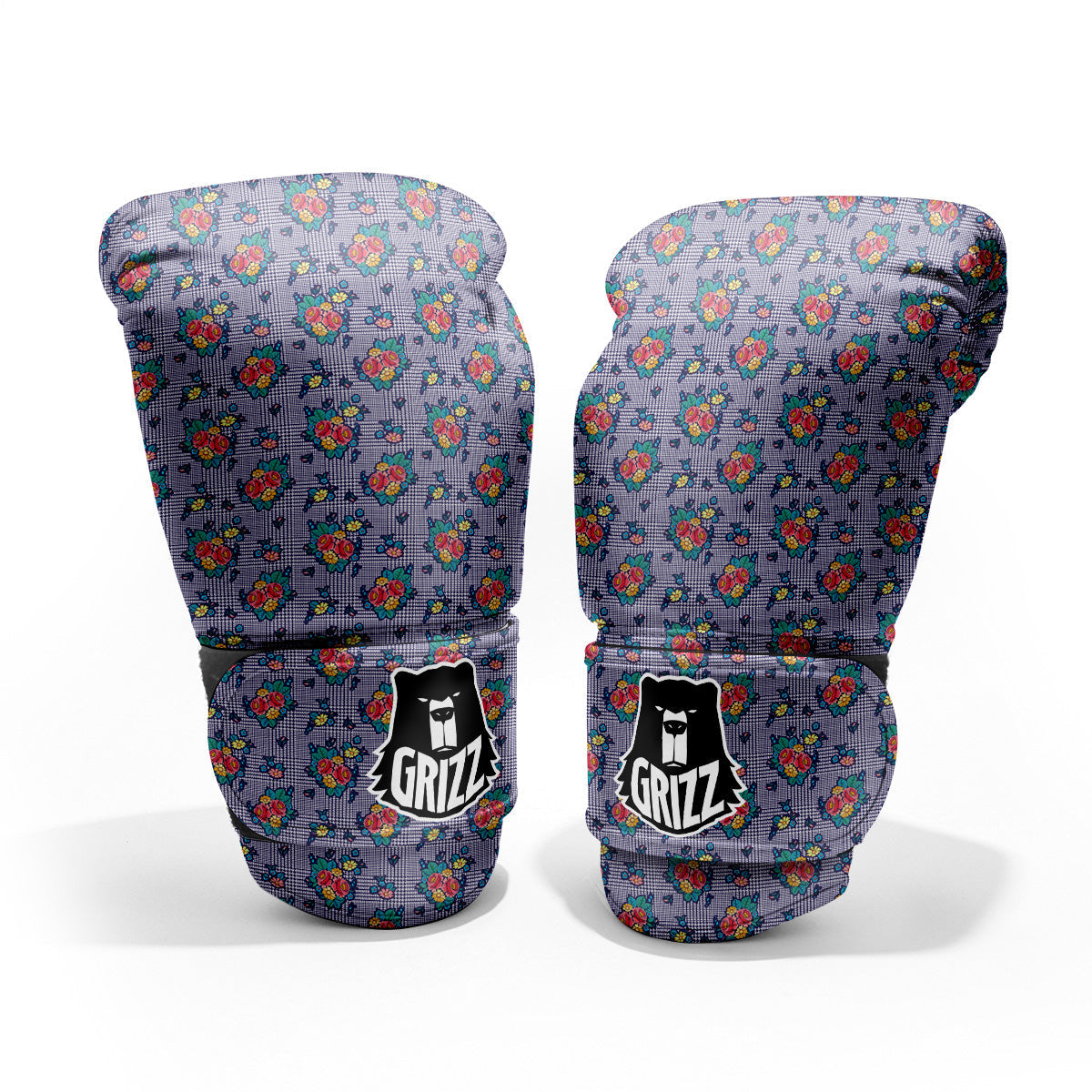 White And Blue Floral Glen Plaid Print Pro Boxing Glove
