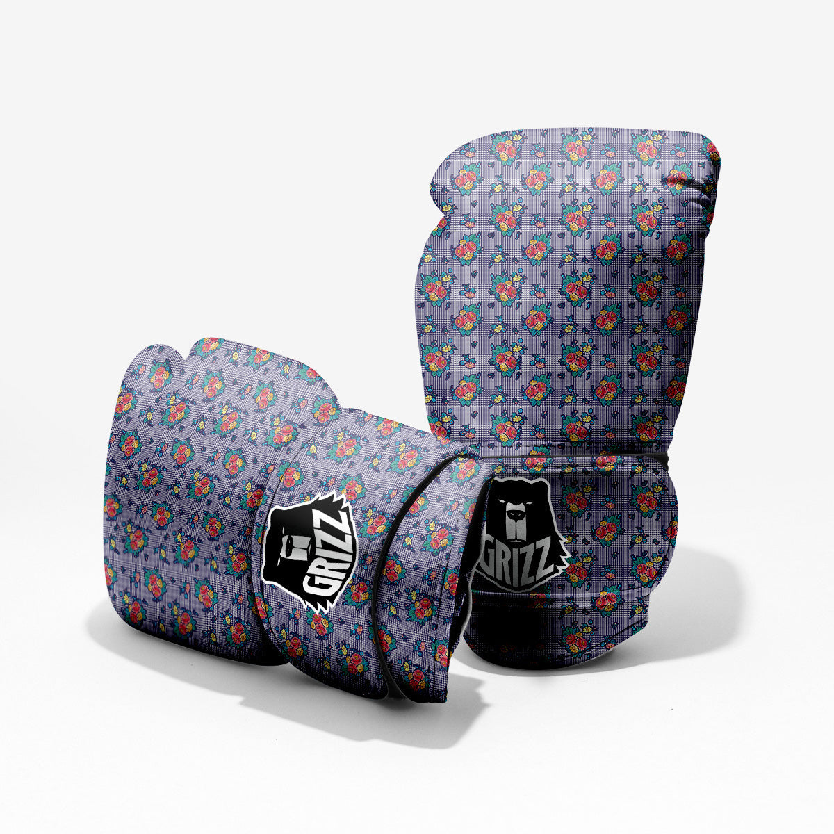 White And Blue Floral Glen Plaid Print Pro Boxing Glove