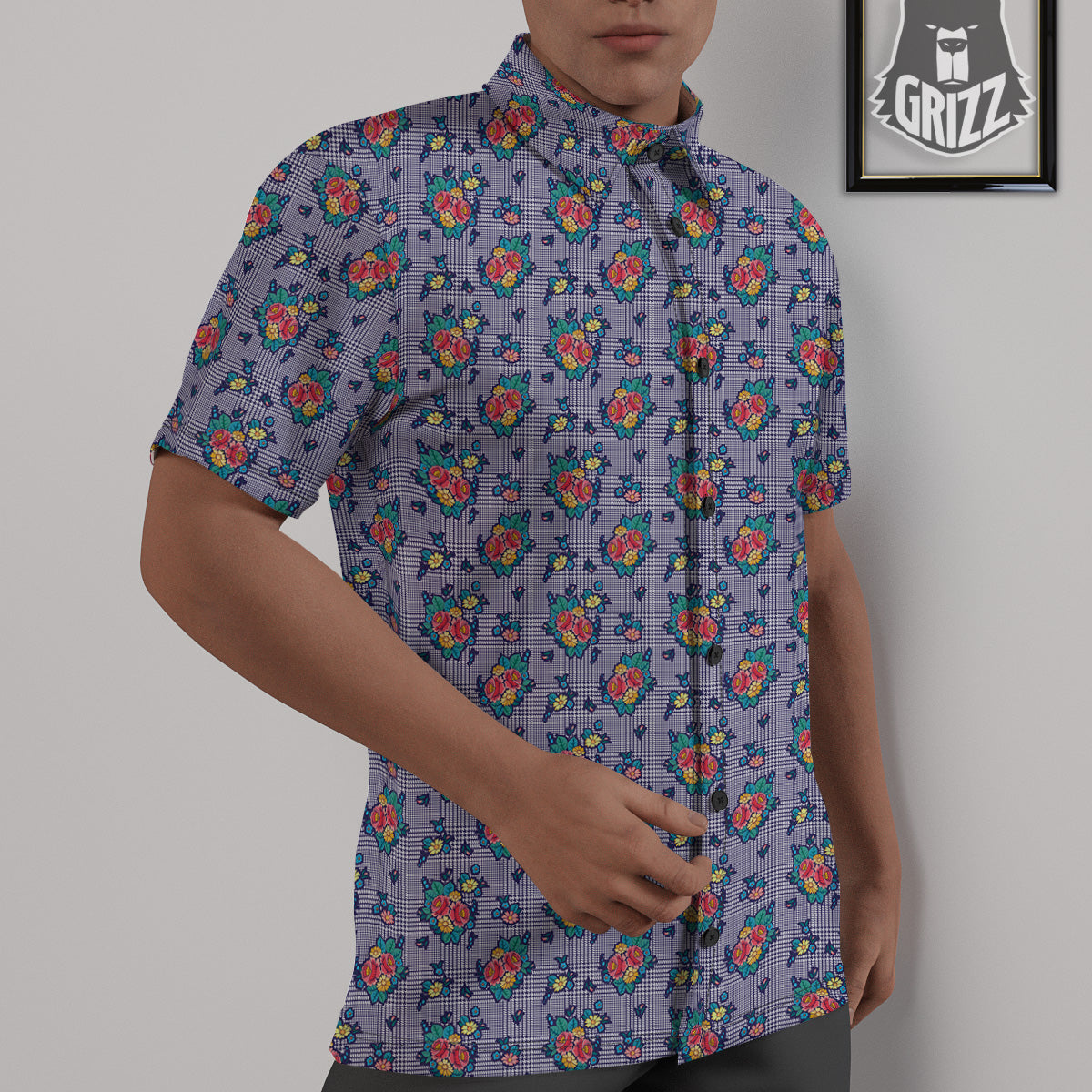 White And Blue Floral Glen Plaid Print Untucked Shirts-grizzshop