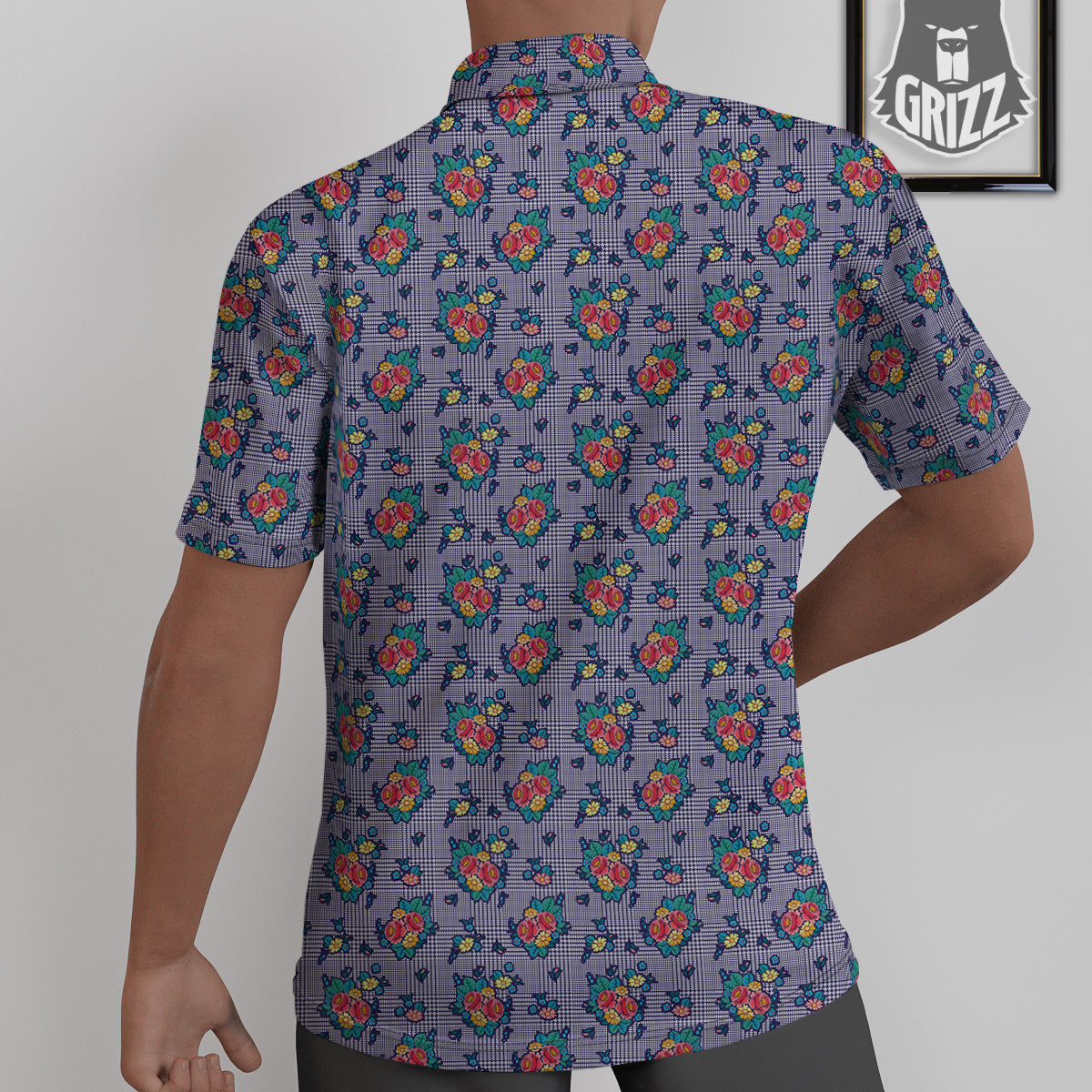 White And Blue Floral Glen Plaid Print Untucked Shirts-grizzshop
