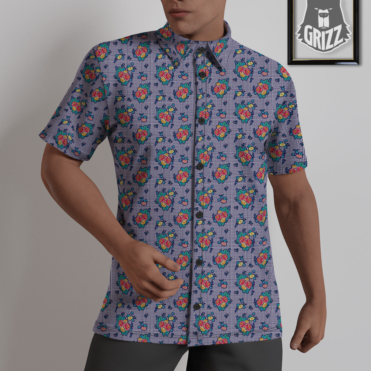 White And Blue Floral Glen Plaid Print Untucked Shirts-grizzshop