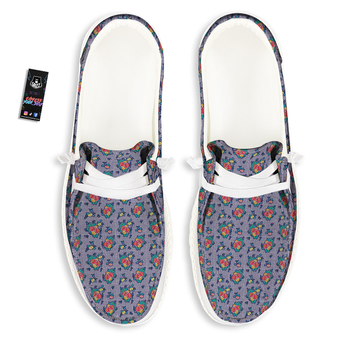 White And Blue Floral Glen Plaid Print White Loafers-grizzshop