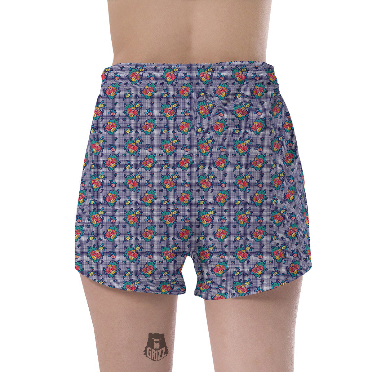 White And Blue Floral Glen Plaid Print Women's Shorts-grizzshop