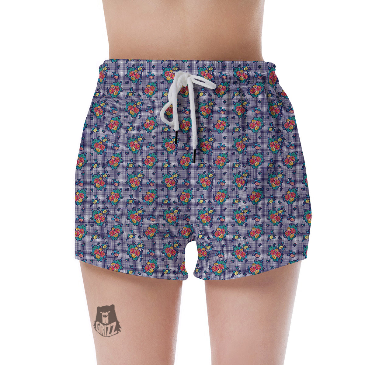 White And Blue Floral Glen Plaid Print Women's Shorts-grizzshop
