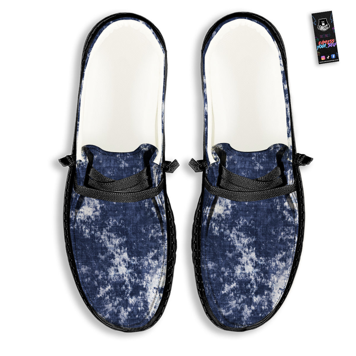 White And Blue Tie Dye Acid Wash Print Black Loafers-grizzshop