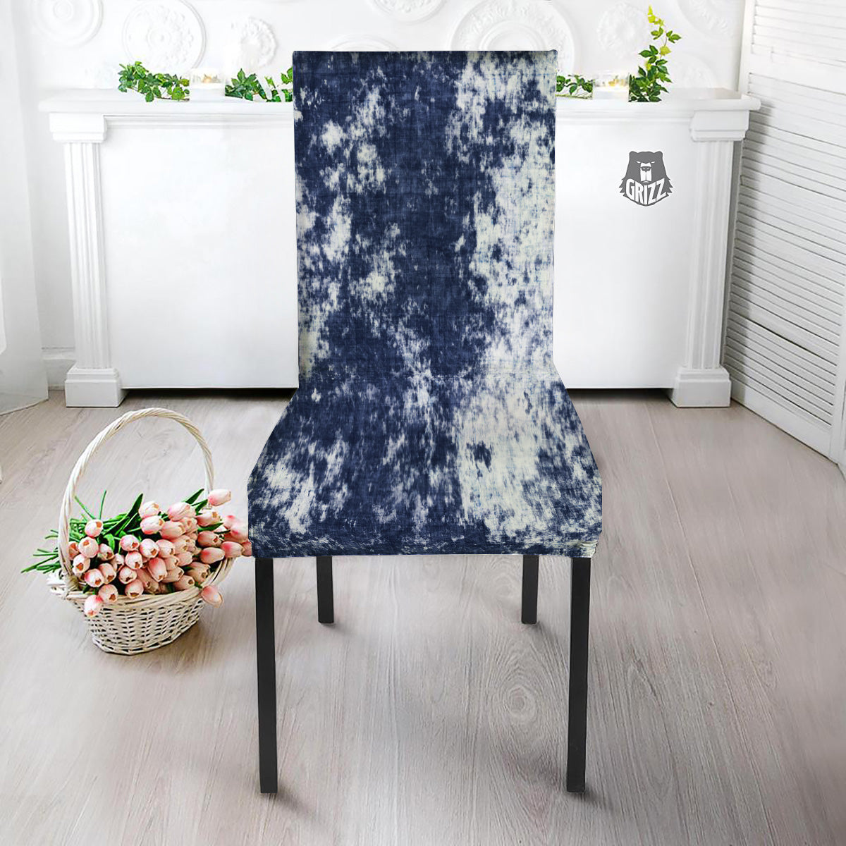 White And Blue Tie Dye Acid Wash Print Dining Chair Slipcover-grizzshop