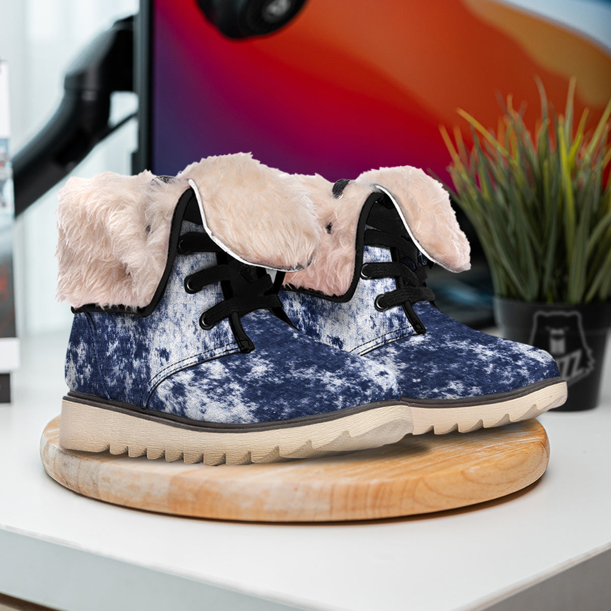 White And Blue Tie Dye Acid Wash Print Snow Boots-grizzshop