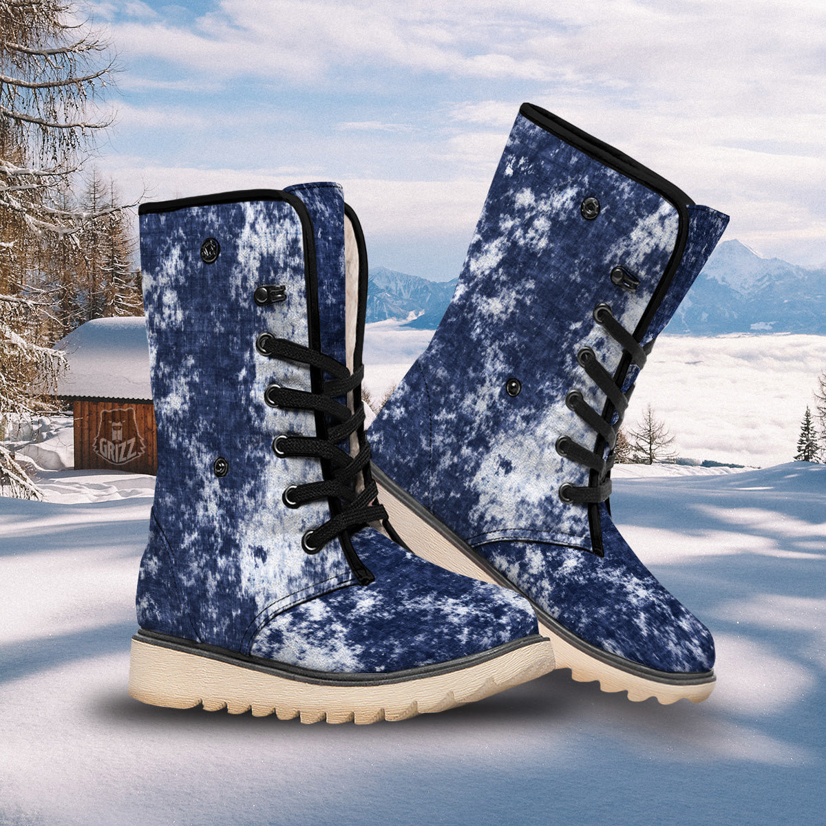 White And Blue Tie Dye Acid Wash Print Snow Boots-grizzshop