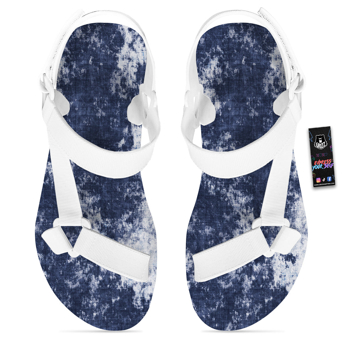 White And Blue Tie Dye Acid Wash Print White Open Toe Sandals-grizzshop