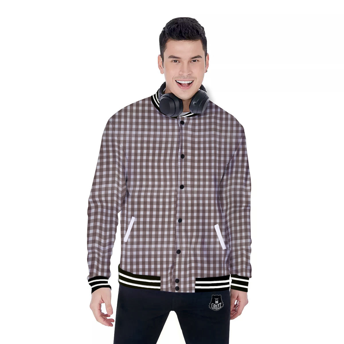 White And Brown Doodle Check Print Pattern Baseball Jacket-grizzshop