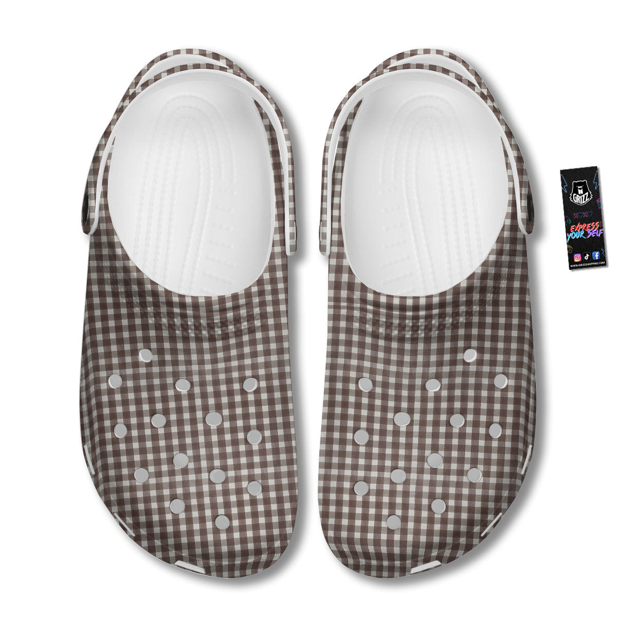 White And Brown Doodle Check Print Pattern Clog-grizzshop