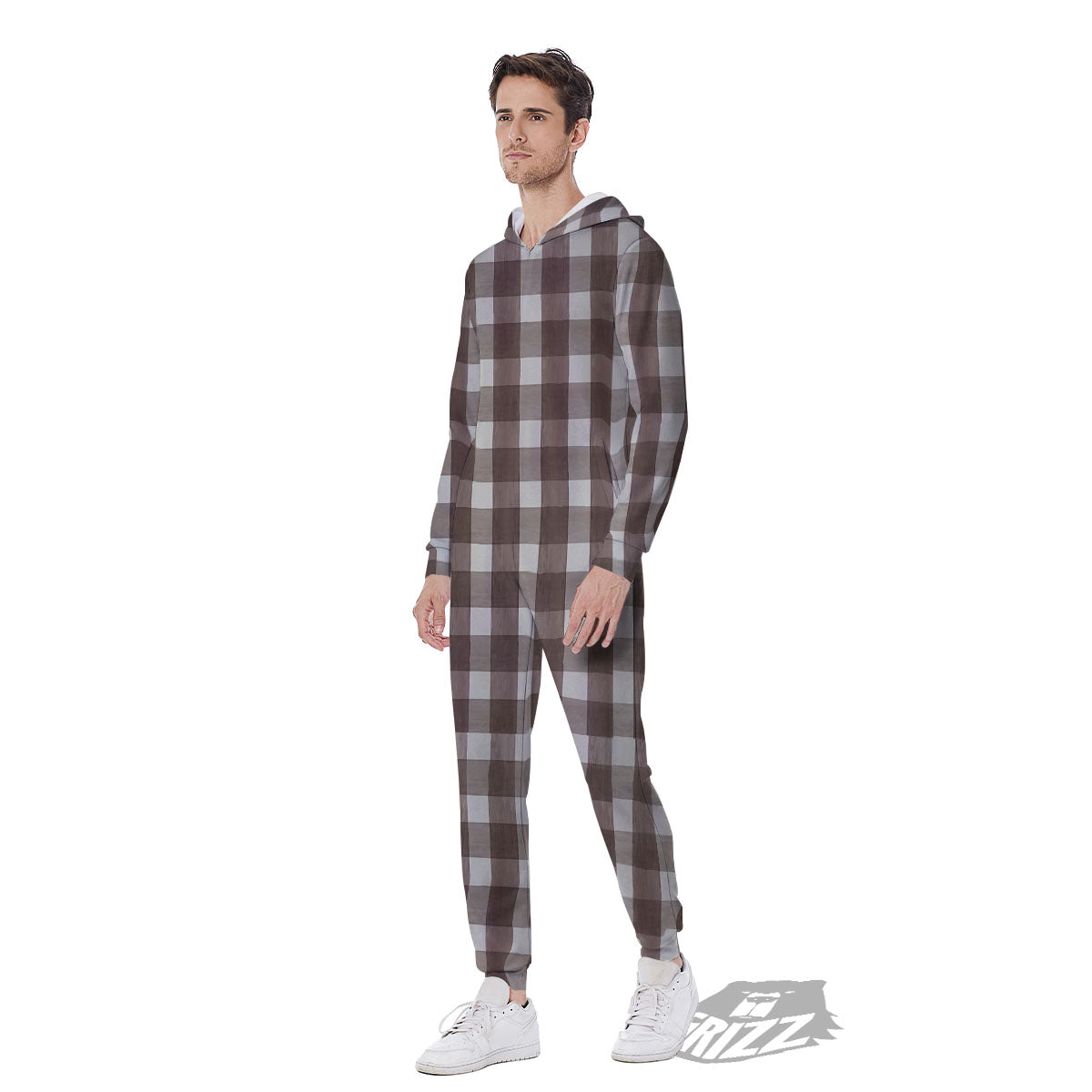 White And Brown Doodle Check Print Pattern Men's Jumpsuit-grizzshop