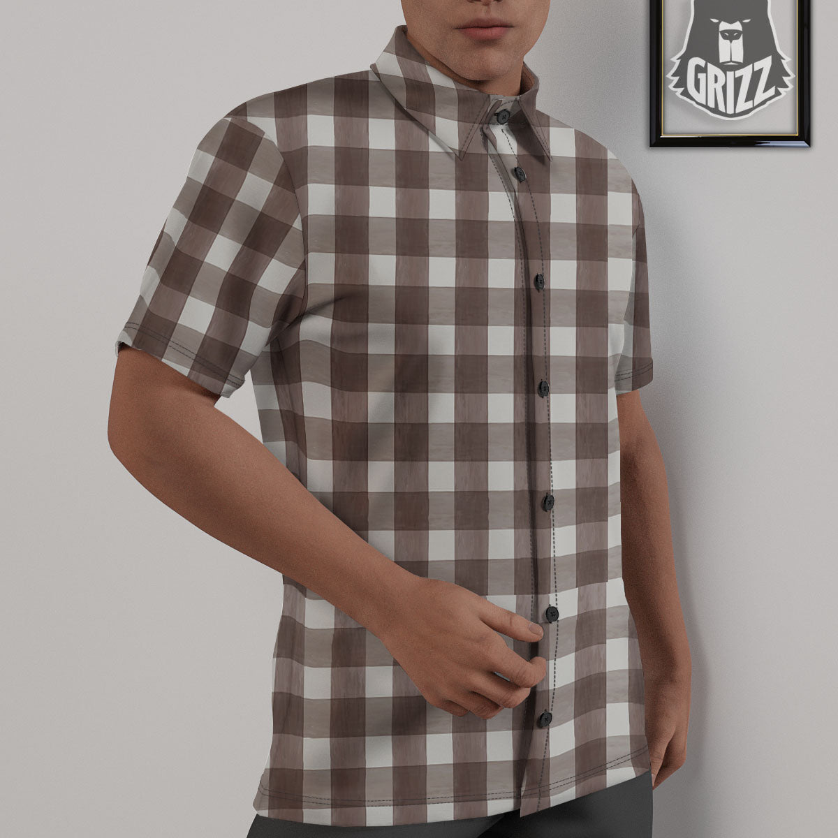 White And Brown Doodle Check Print Pattern Untucked Shirts-grizzshop
