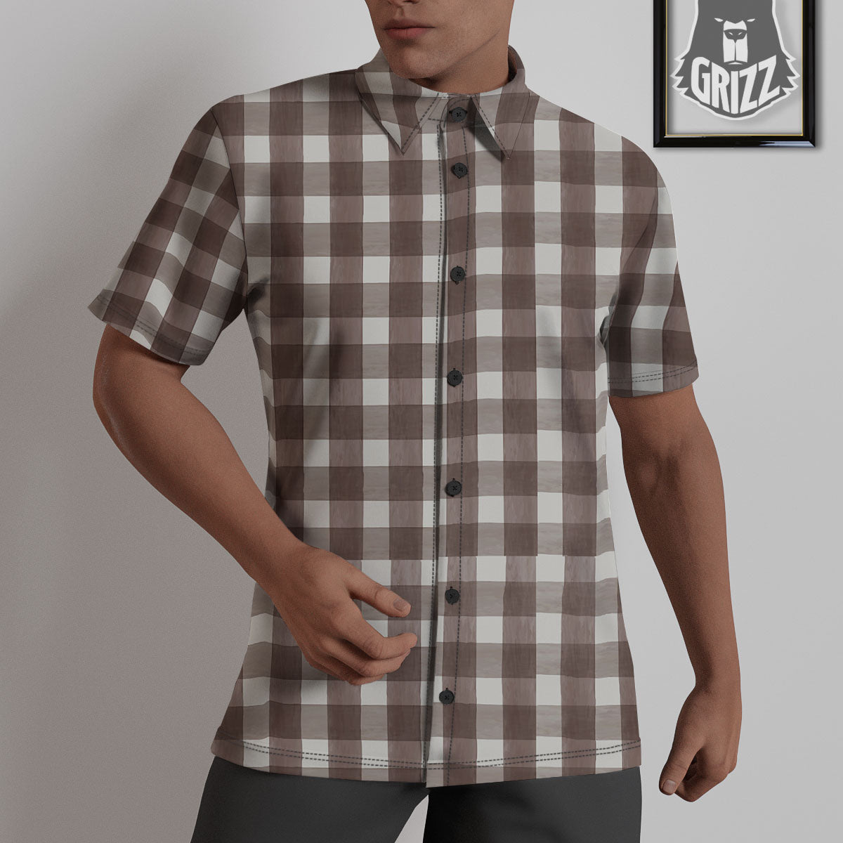 White And Brown Doodle Check Print Pattern Untucked Shirts-grizzshop